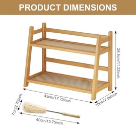 Cup Rack 2-Tier Bamboo with Rattan Look, Space-Saving Cup Holder, Table Shelf for Coffee, Tea, Matcha, Kitchen Shelf, Versatile Organiser for Kitchen and Office, Includes Cup Brush (45 cm)