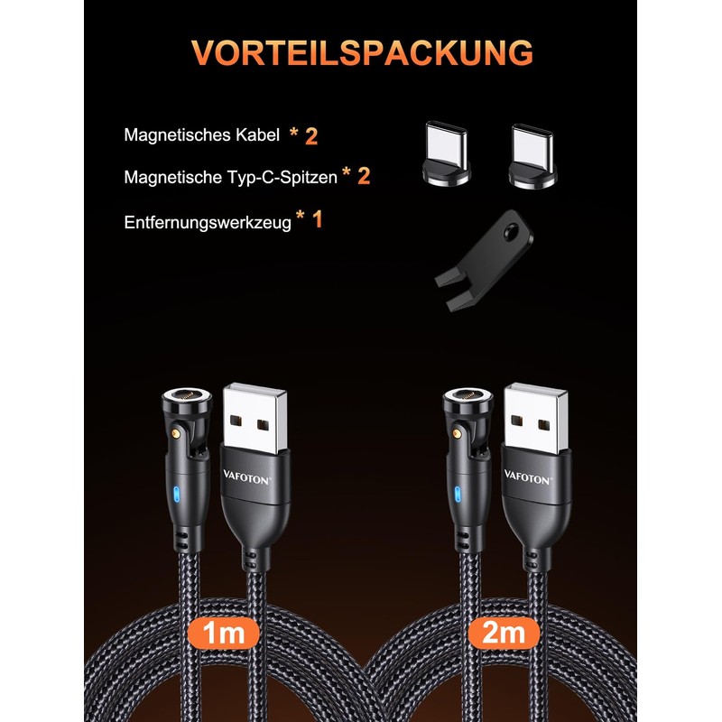 VAFOTON 9Pin Magnet Ladekabel (2Pack 2m+1m), 540 Grad USB Magnetisches