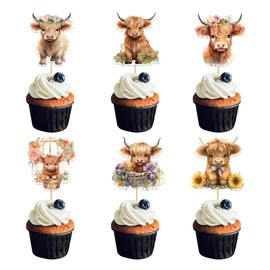 36pcs Highland Cow Cupcake Toppers - Baby Shower Decorations - Girl & Boy Birthday Party Supplies