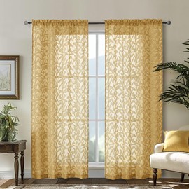OWENIE Leyna Gold Sheer Curtains 72 Inches Long for Bedroom 2 Panels Set, Light Filtering Clip Jacquard Textured Living Room Curtains, Rod Pocket Leaves Door Drapes, Each 40Wx72L Inch