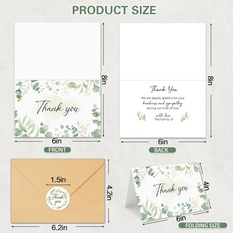 HiABNRT 25 Funeral Thank You Cards with Envelopes, 4x6in, Message