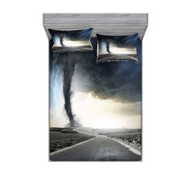 Ambesonne Nature Fitted Sheet & Pillow Sham Set, Black Tornado Funnel Gas and Thunder Rolling on The Road Fume Disaster Monochrome Print, Decorative Printed 3 Piece Bedding Decor Set, Queen, Silver