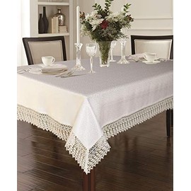 Violet Linen Legacy Cobblestone Design, Macrame Lace Border, Polyester Jacquard, White, 70 Inch by 132 Inch, Seats 10 to 12 People, Rectangle Tablecloths