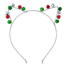 Lux Accessories Silver Tone Red Green Bells Cat Ears Christmas Holiday Headband