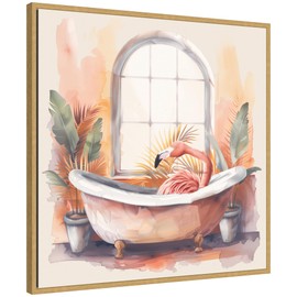 Kate and Laurel Sylvie Flamingo Bath Pastel Tropical Bathroom Watercolor Framed Canvas Wall Art by The Creative Bunch Studio 30 x 30 Gold, Whimsical, Bathroom, Animals, Tropical Decor, Living Room