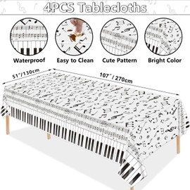 Hegbolke 4 Pack Musical Notes Tablecloths 51 x 107 Inch Reusable Rectangular Black and White Musical Notes Theme Birthday Party Decorations