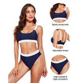 Tempt Me - Traje de baño deportivo de dos piezas de cintura alta con parte inferior para adolescentes, Azul marino, L