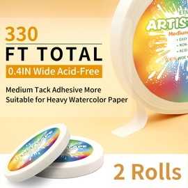 ETNRHP 2 Packs White Art Tape Medium Tack Artist Masking Tape Paper Acid Free Tape Watercolor Painters Tape Artists Tape for Drafting Art Watercolor Painting Canvas Framing, 0.4 inch Wide 330FT Long
