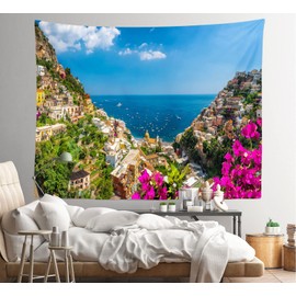 Loccor Italian Amalfi Coast Tapestry Famous Positano Town Sea View Tapestry Mediterranean Coastal Landscape Italy Wall Hanging for Bedroom Living Room Decor 92''x70'', Multicolor