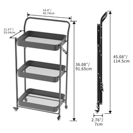 JAQ Foldable Rolling Cart, 3-Tier Metal Folding Storage Utility Carts Basket Rack with Removable Handle on Wheels for Snacks Books Fruits for Kitchen Living Room Pantry Bathroom - (Black, 3-Layer)