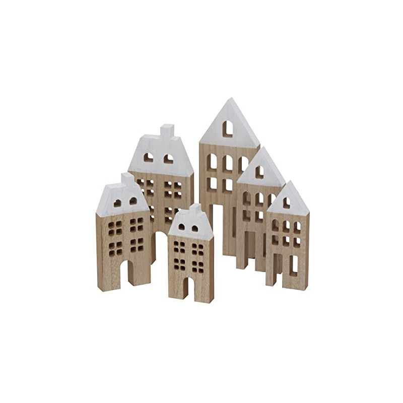 BOLTZE 6 x Decorative House Towny Wood Height 15-23.5 cm