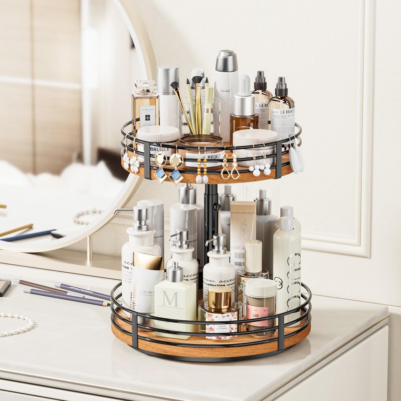 Lazy Susan Turntable Organizer Adjustable - 2 Tier Wood Rotating