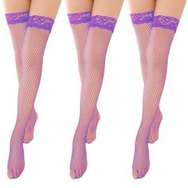 DOLCE LUCCI Women's Fishnet Tights, Lace, Garter Stockings, Knee-high, Sexy Stockings, Set of 3 Pairs - purple berry