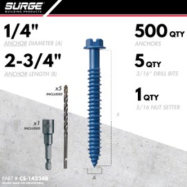 Surge BP - 1/4" x 2-3/4" Hex Head Blue Concrete Screw Anchor with Drill Bit & Driver | Masonry Screws for Concrete, Block, and Brick (Box of 500)