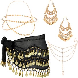 Sureio 4 Accesorios de Disfraz de Gitana de Danza de Vientre Pendientes Cinturón Bufanda de Cadera Cadena de Cabello Pulsera