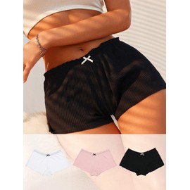 SweatyRocks Women's 3 Piece Low Rise Bow Front Boyshorts Panties Ribbed Knit Comfy Underwear Briefs Multicolor Small
