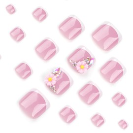 White French Press on Toenails Pink Square Diamond Fake Toes 3D Daisy Charm Glue on Toes Pink Flower Stick on Toes Nails Rhinestone False Toenails Press ons,Reusable for Women Girls Manicure 24Pcs