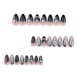 French Tip Press on Nails Medium Almond Fake Nails with Butterfly Rhinestones Designer Reusable Acrylic False Nails Glitter Full Cover Planet Ring Press on DIY Tips Daily Wear Nails fro Women 24Pcs