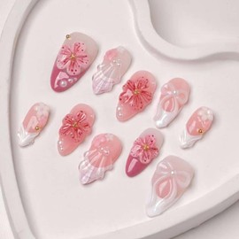 24 Pcs French Tip Press on Nails Short Almond Nail Tips,YEFIUO Acrylic Nail Kit Fake Nails Press ons Glue on Nails Flower Pearl 3D Bow Shell Artificial False Nails Stick on Nail Art Design for Women