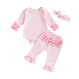 Dobeiokal Newborn Baby Girl Fall Winter Clothes Ruffles Striped Long Sleeve Romper Bodysuit Elastic Pants Set Cute Coming Home Outfit(A-Pink Striped,3-6 Months)