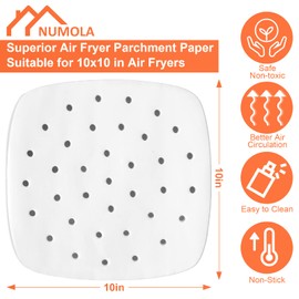 Numola 100 Pcs Air Fryer Liners Disposable Parchment Paper, 10 Inch Perforated Airfryer Sheets for Baking, Square Non-Stick Steamer Liner for Oven, Microwave, Steaming Basket