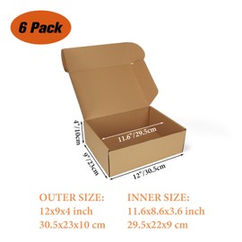 PHAREGE 12x9x4 inch Shipping Boxes 6 Pack Brown, Tab Lock Tuck Top Mailer Boxes for Packaging Small Business, Medium Cardboard Gift Boxes for Wrapping Mailing Present