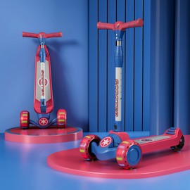 StarAndDaisy Glider Toddler Scooter for Kids Ages 3-12 Years Old Boy Girl with 3 Wheel LED Lights, 6-Level Adjustable Handlebar & Foldable Design & Extra-Wide Deck & Lean-to-Steer (Red & Blue)