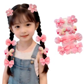 8pcs Kids Tulle Ribbon Hair Clip Set Cute Pearl Flower Hair Accessories Side Clips for Girls Floral Design Multiple Colors (Rose Red) rrd