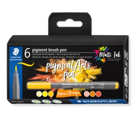 STAEDTLER Brush Pen Pigment Arts, Premium Drawing Ink, Brush Tip for Variable Line Width, Waterproof, Quick-Drying, 6 Brush Pens in Assorted Colours in Cardboard Case, 371 C6-5