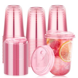 KesaPlan 50 Pack 16 oz Pink Round Bottom Plastic Party Cups with Sip Lids