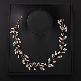 Teyglen Bridal Wedding Hair Vine Pearl and Crystal Headband Handmade Red Blue Black Crystal Pearl Hair Pieces Wedding Hair Accessories for Women Prom Festival Headpieces (Mint Green)