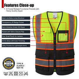 HATAUNKI Reflective Safety Vest for Men Women Hi Vis Vest with 8 Pockets High Visibility Mesh Reflective Vest Meets ANSI/ISEA Standards (Yellow-Black-07, XL)