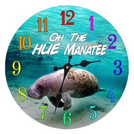 Wall Clock Glass Manatee Decorative 13 Inch Beach Theme Perfect Decor for Kitchen Bathroom Office Rustic Battery Operated Clocks Great Nautical Theme for Bedroom Ocean Decoration Ticking Tropical