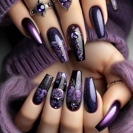 24Pcs Purple Rose Press on Nails Medium Ballet Shaped Purple Starry Sky Smudge and Flower Pattern Design Full Cover Glossy Artificial False Nail Reusable Acrylic Press Ons Stick on Nails for Women