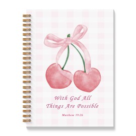 BAYOGITA Coquette Pink Bow Cherry Christian Spiral Notebooks, With God All Things are Possible Bible Journal, Religious Journal for Women, Coquette Girly Office Supplies, 5.5x8.3 Inches