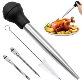 Casbomy Turkey Baster with Cleaning Brush, Stainless Steel Baster Tool for Cooking Baster Syringe for Roaster Turkey, Include 2 Meat Marinade Injector Needles for Thanksgiving