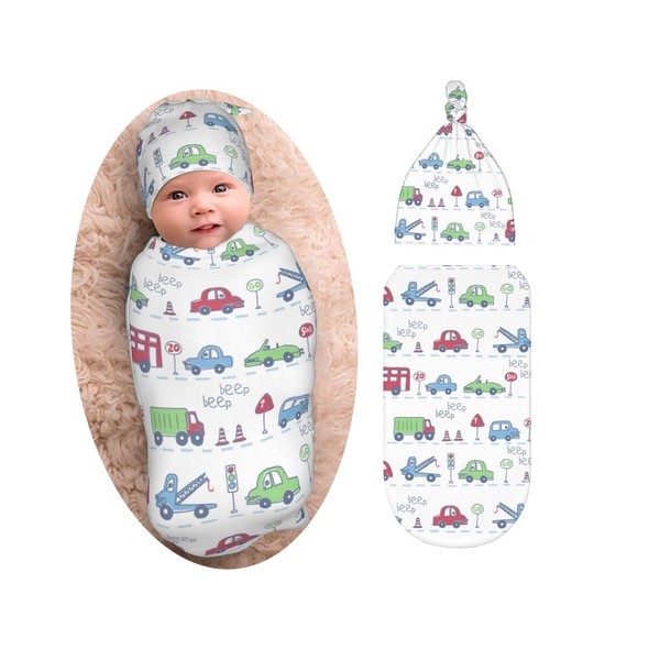 Car Theme Baby Stuff Newborn Swaddle Blanket with Beanie Set,