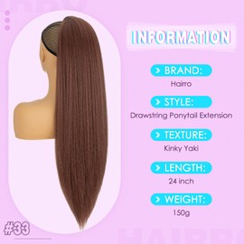 Hairro Drawstring Ponytail Hair Extensions For Women Synthetic Kinky Yaki Pony Tail Hairpieces 24 Inch 150g #33 Dark Auburn
