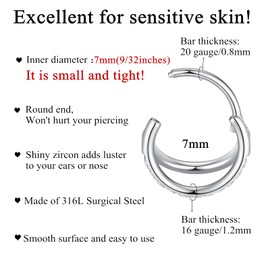 Popuhoops 20G 7mm Silber Doppel Open Stack CZ Nasenring Reifen 316L Chirurgenstahl Helix Rook Conch Knorpel Daith Tragus Ohrringe Scharnierbares Nostril Piercing Septum Clicker 0.8mm Lippenring