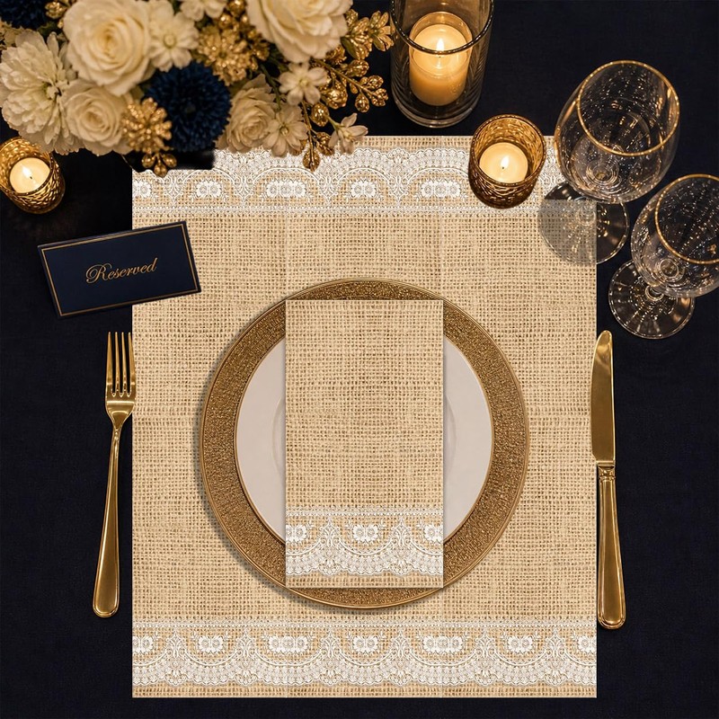Faux Burlap Lace Design Paper Napkins Disposable 60PCS