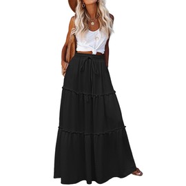 Hotouch Skirt Women's Long High Waist Skirts Elegant Maxi Skirt A-line Layering Drawstring Midi Casual Skirt Plain Skirt with Pockets, black, S
