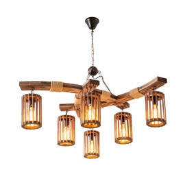 OUKANING Industrial Vintage Wooden Hanging Pendant Light Retro Loft Lantern Chandelier Farmhouse Suspension Lighting Fixture for Coffee Shop Restaurant Kitchen Island (6 lamp)