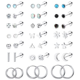 Kakonia 21Pairs Small Stud Earrings for Women Men Silver/Gold Plated Stud Earrings 20G Flat Back Earrings Screw Back Earrings Hoop Earrings for Cartilage Ears