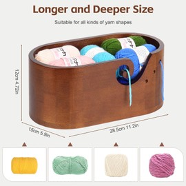 Reessy Yarn Bowl, Wooden Yarn Storage Bowl with Holes for Crocheting and Knitting, Large Crafted Yarn Keeper Bowl 28.5 cm×15.5 cm×12.0 cm, Heavy Yarn Holder for Big Yarn Balls Storage