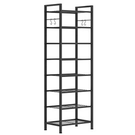 8 Tiers Narrow Shoe Rack 16-24 Pairs, Sturdy Metal Tall Shoe Rack with 4 Hooks, Slim Shoe Storage Organizer with Metal Shelf, Space Saving Vertical Shoe Shelf for Entryway, Closets, Black