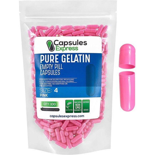 Capsules Express- Size 4 Pink Empty Gelatin Capsules - Kosher - Pure Gelatin Pill Capsule - DIY Powder Filling (100)