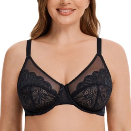 MELENECA Women's Minimiser Bra for Large Bust Underwired Bra Large Sizes with Full Coverage Lace Insert, black, 95G