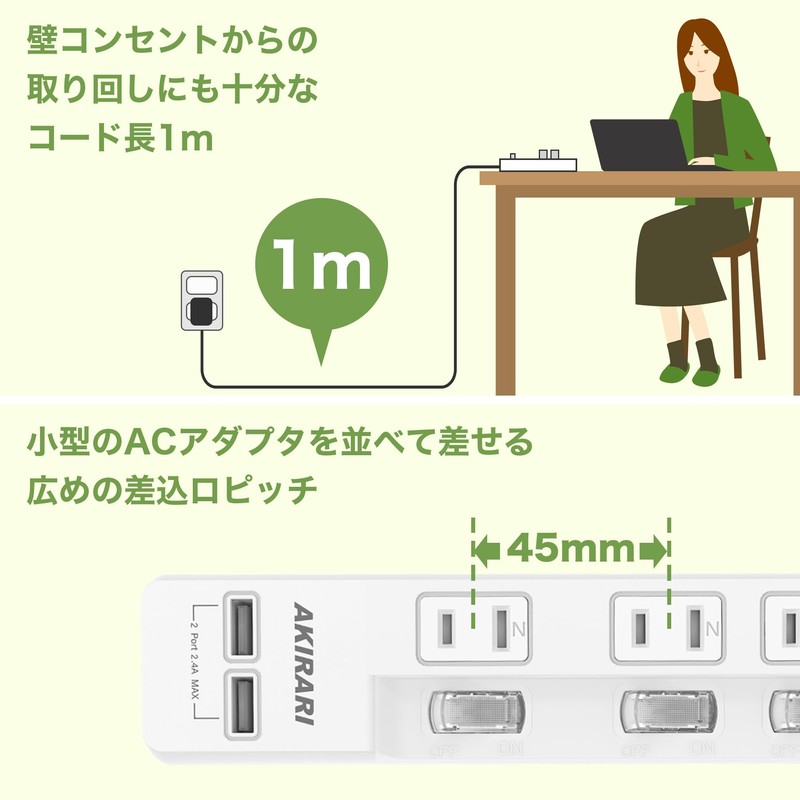 FUMITAKE Power Strip, Lightning Guard, 6 Ports, USB Tap, 3.3