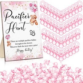 Roowest 51 Pcs Pacifier Hunt Baby Shower Game, Include Wooden Pacifier Hunt Sign Bear Themed Baby Shower Sign Board with 50 Acrylic Baby Pacifiers for Baby Shower Game, Gender Reveal Party (Pink)