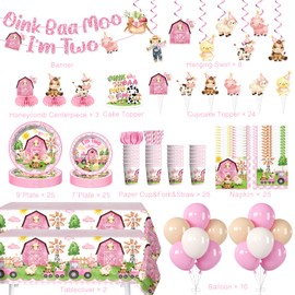 Yingoto 213pcs Oink Baa Moo Im Two Party Decorations for Girl Serves 25